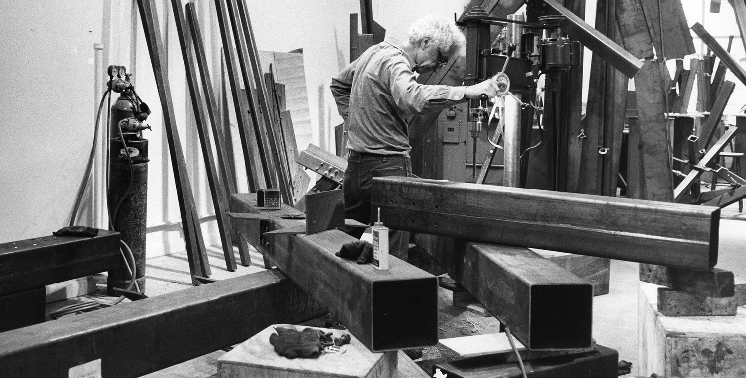 Black and White Photograph of Tony Rosenthal in his Workshop